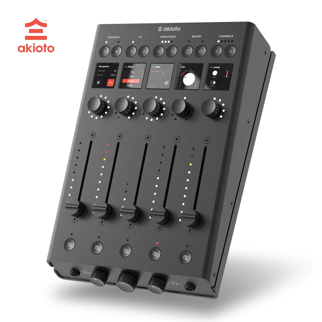 akioto audio interface — motorized faders, per-channel displays and modular rail
