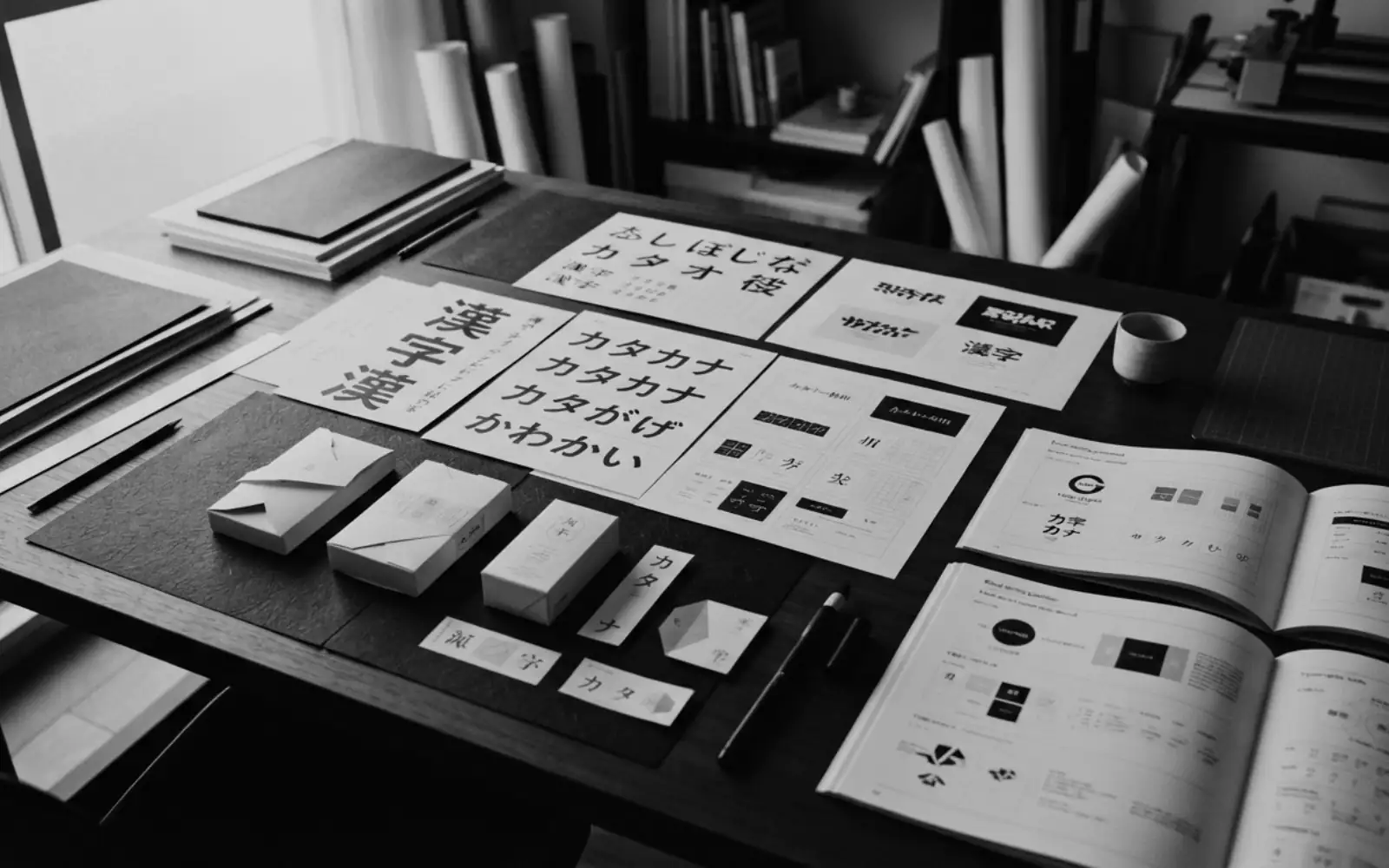 Japanese type specimens and brand stationery on a desk