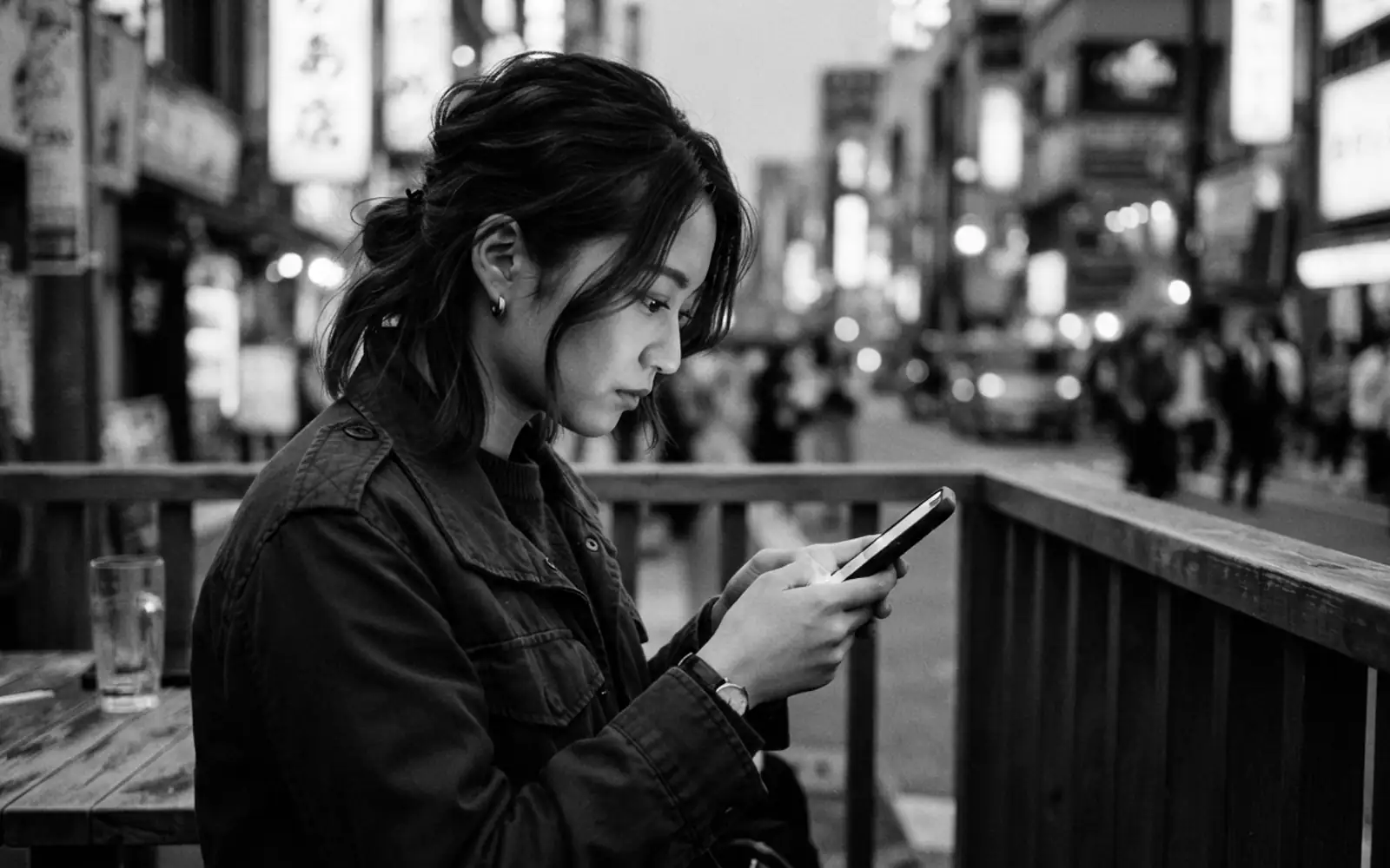A young woman looking at her smartphone on an Osaka street at dusk